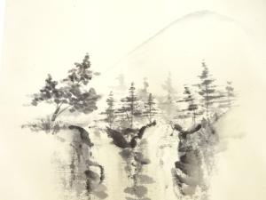 アンティーク　作家物　手織り紬　手描き　樹木風景模様名古屋帯